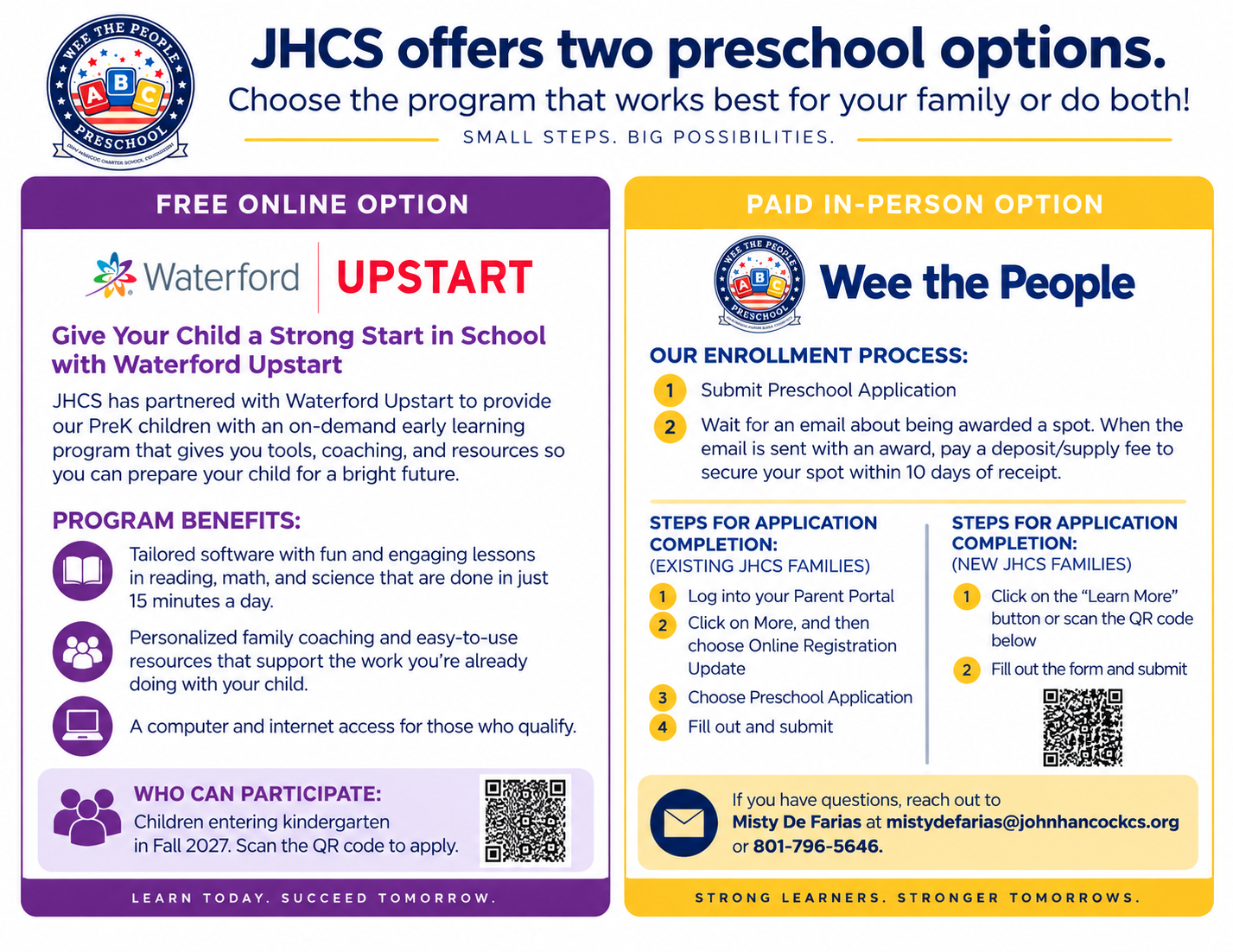 An informational flyer outlining two JHCS preschool options: a free online Waterford Upstart program and a Wee the People in-person option.